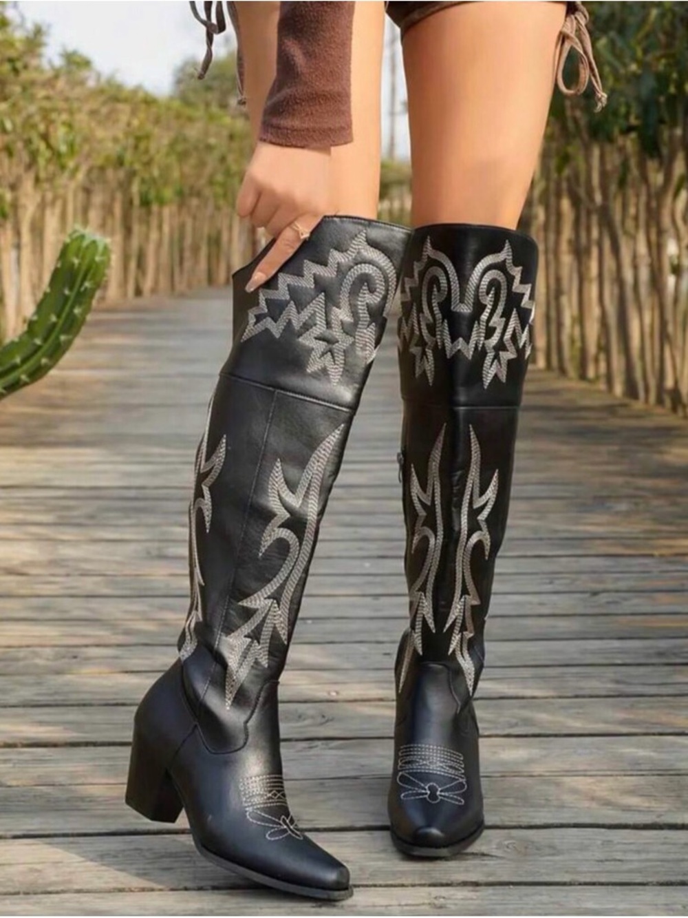 Black Embroidered Knee-High Western Boots
